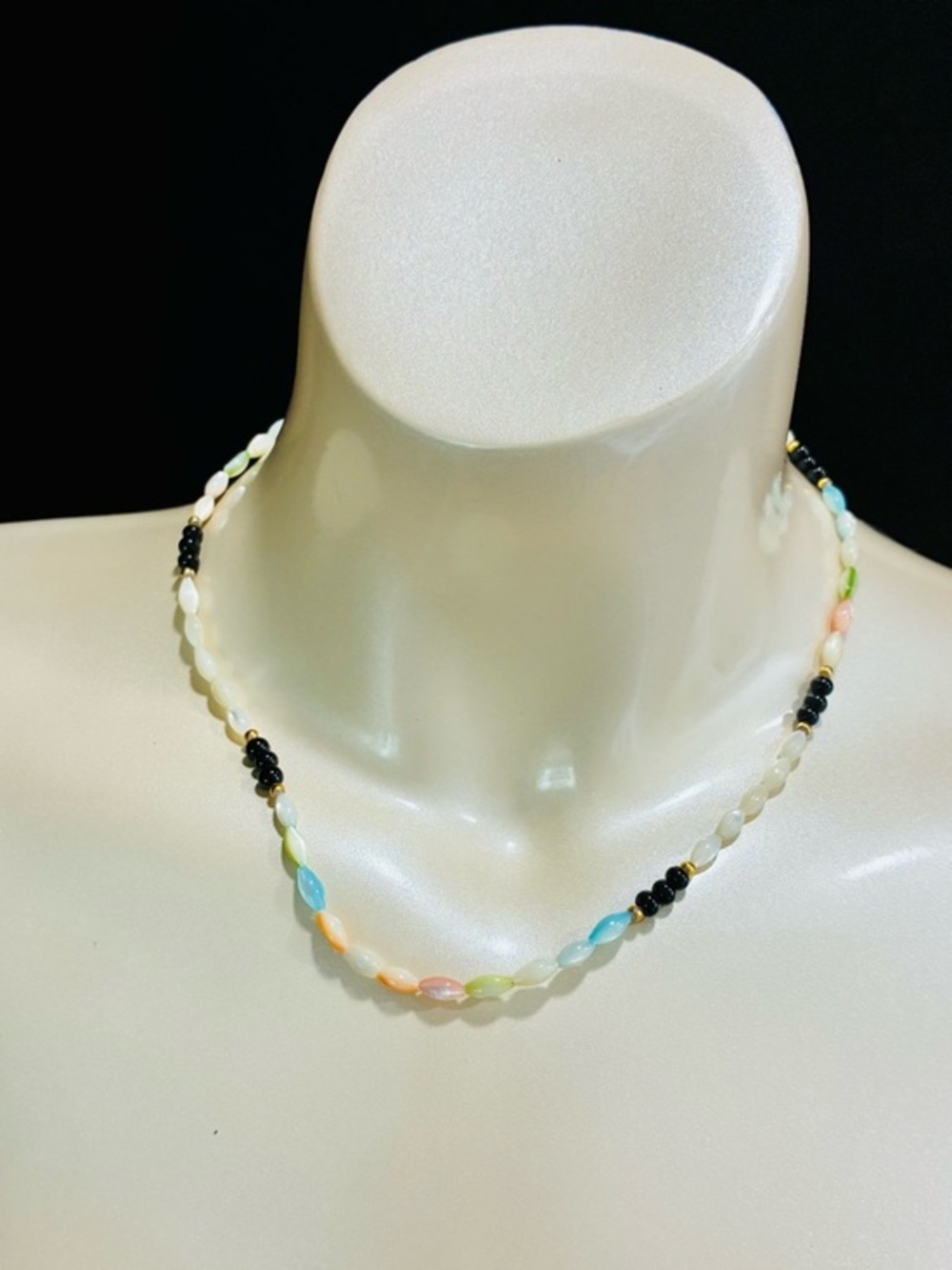 Dainty Feminine Pastel Multicolor Mother Of Pearl Beaded Necklace Black Accents